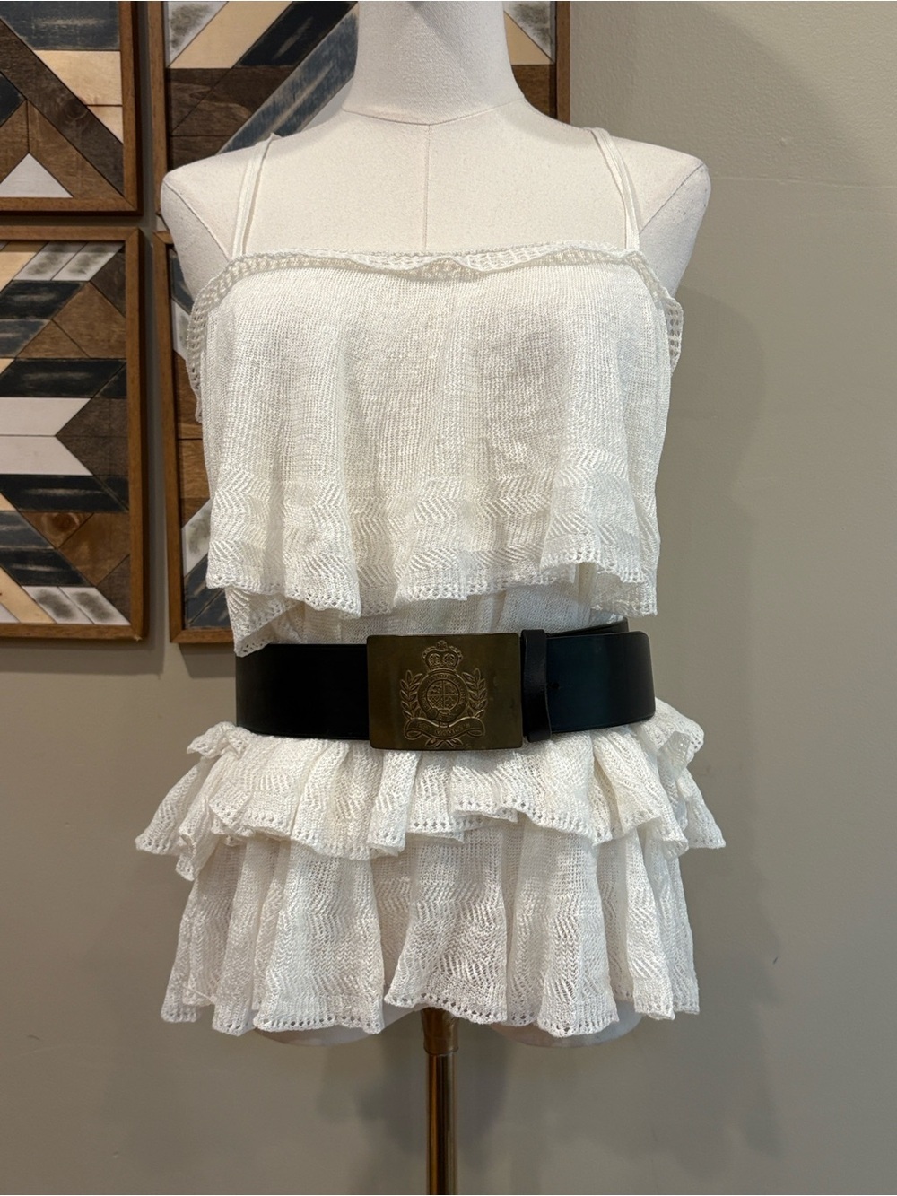 Vintage Ralph Lauren Blue Label Y2K Linen Lace Tiered Ruffle Top size Large